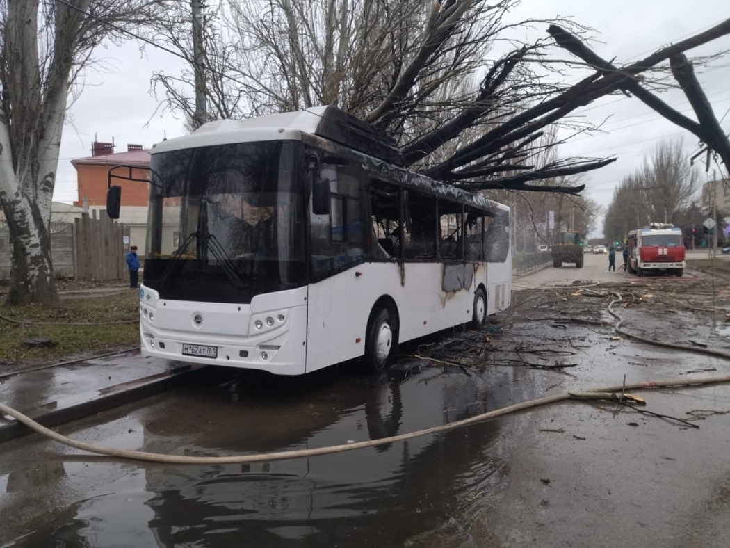 Автобус с пассажирами загорелся после падения на него дерева в Ростовской области