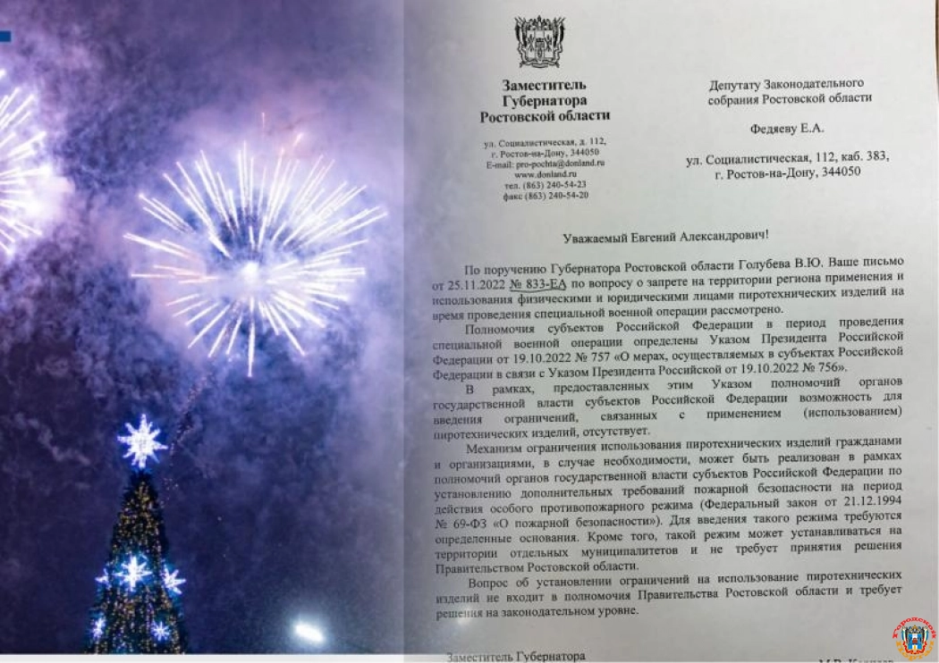 Власти Ростовской области не стали запрещать новогодние фейерверки