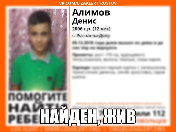 Полиция Ростова-на-Дону нашла пропавшего 9 декабря Дениса Алимова